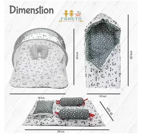 Infantbond Baby Mattress with net | Baby Carry Bag | 4 Pcs Bedding Set | Grey Sprial (0-6 Months) (Full Set)