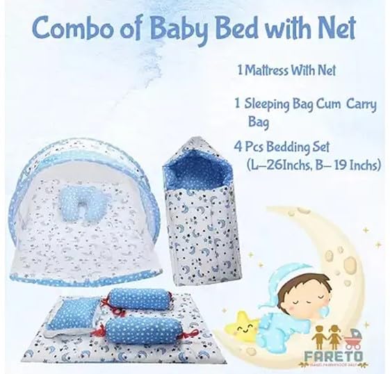 Infantbond Baby Mattress with net | Baby Carry Bag | 4 Pcs Bedding Set | Grey Sprial (0-6 Months) (Full Set)