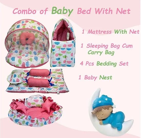 Infantbond Baby Mattress with net | Baby Carry Bag | 4 Pcs Bedding Set | Grey Sprial (0-6 Months) (Full Set)