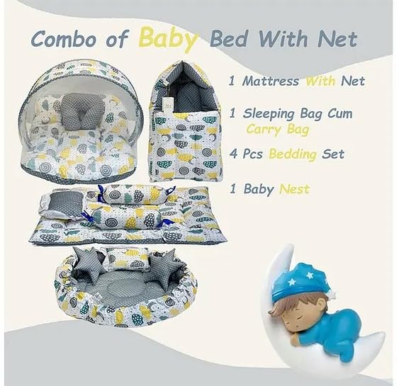 Infantbond Baby Mattress with net | Baby Carry Bag | 4 Pcs Bedding Set | Grey Sprial (0-6 Months) (Full Set)