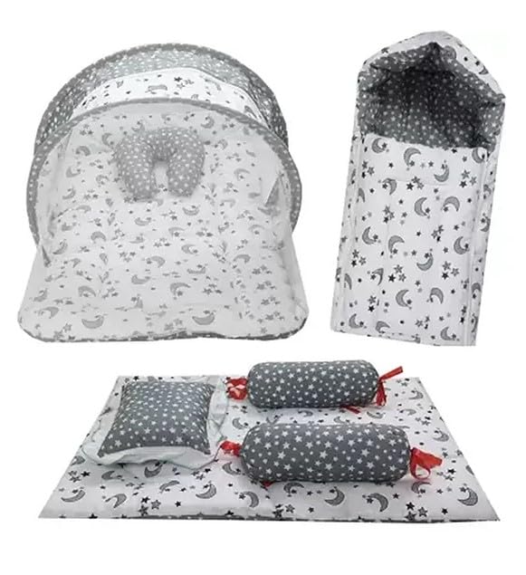 Infantbond Baby Mattress with net | Baby Carry Bag | 4 Pcs Bedding Set | Grey Sprial (0-6 Months) (Full Set)