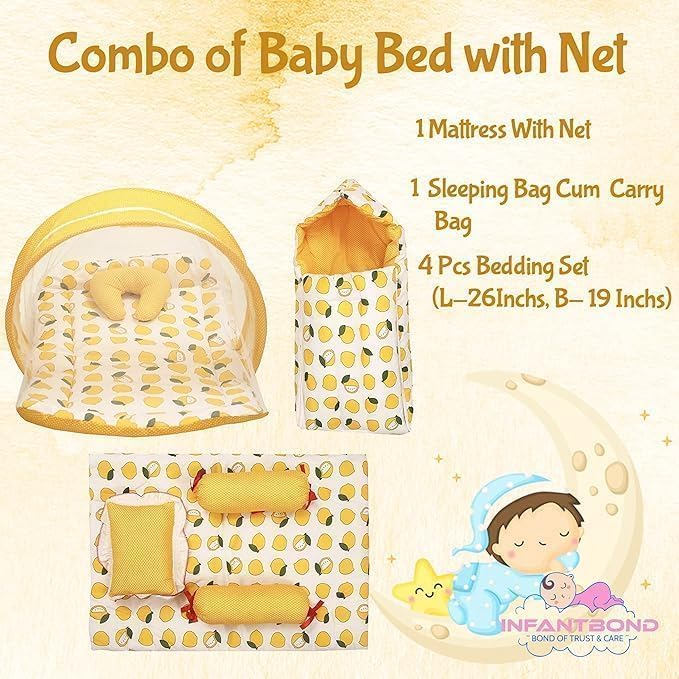 Infantbond Baby Mattress with net | Baby Carry Bag | 4 Pcs Bedding Set | Grey Sprial (0-6 Months) (Full Set)