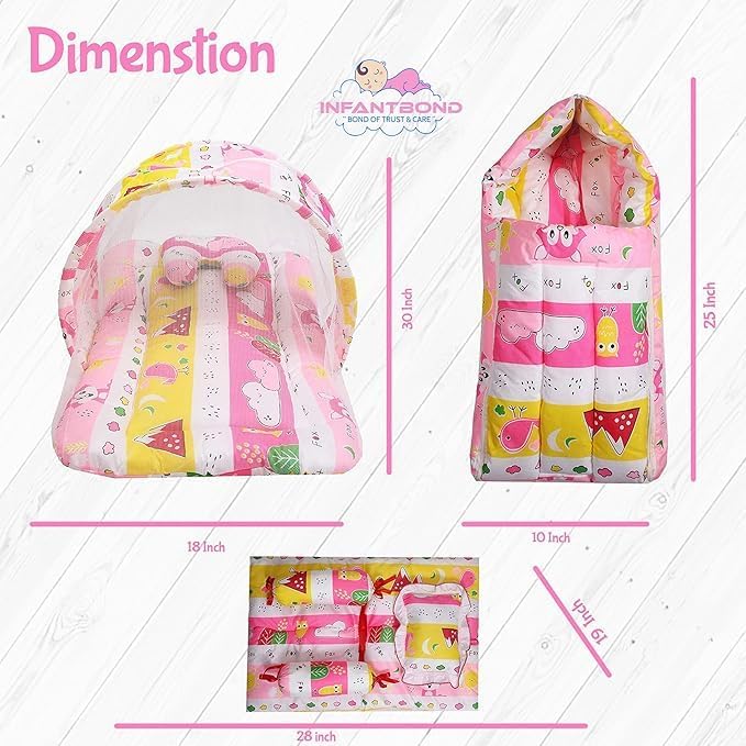 Infantbond Baby Mattress with net | Baby Carry Bag | 4 Pcs Bedding Set | Grey Sprial (0-6 Months) (Full Set)