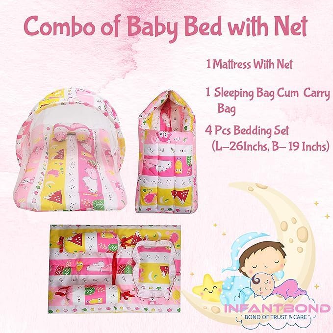 Infantbond Baby Mattress with net | Baby Carry Bag | 4 Pcs Bedding Set | Grey Sprial (0-6 Months) (Full Set)