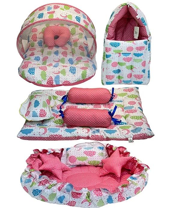 Infantbond Baby Mattress with net | Baby Carry Bag | 4 Pcs Bedding Set | Grey Sprial (0-6 Months) (Full Set)