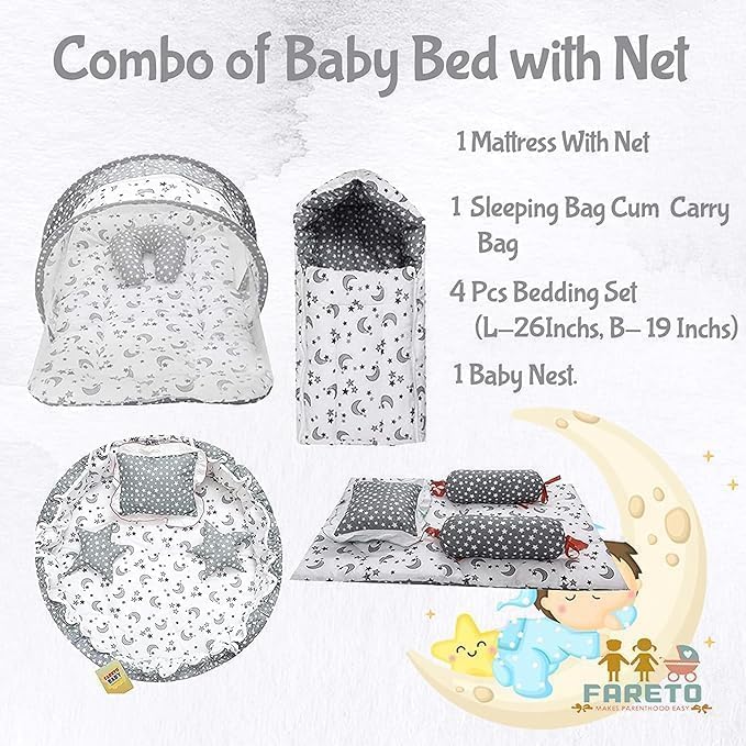 Infantbond Baby Mattress with net | Baby Carry Bag | 4 Pcs Bedding Set | Grey Sprial (0-6 Months) (Full Set)