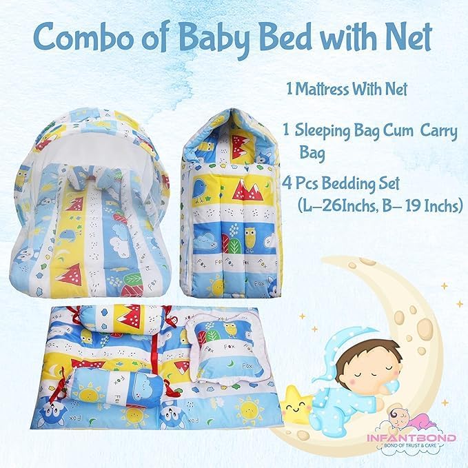 Infantbond Baby Mattress with net | Baby Carry Bag | 4 Pcs Bedding Set | Grey Sprial (0-6 Months) (Full Set)