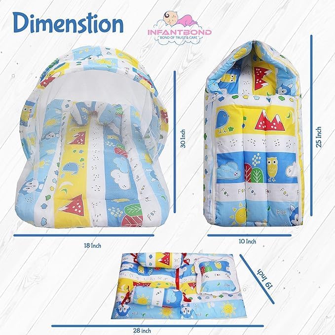 Infantbond Baby Mattress with net | Baby Carry Bag | 4 Pcs Bedding Set | Grey Sprial (0-6 Months) (Full Set)