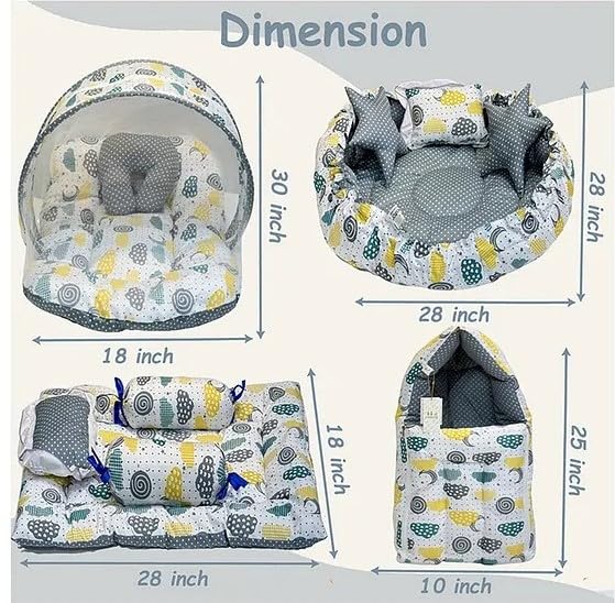 Infantbond Baby Mattress with net | Baby Carry Bag | 4 Pcs Bedding Set | Grey Sprial (0-6 Months) (Full Set)