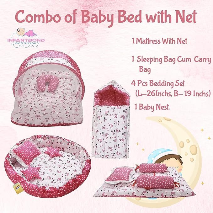 Infantbond Baby Mattress with net | Baby Carry Bag | 4 Pcs Bedding Set | Grey Sprial (0-6 Months) (Full Set)
