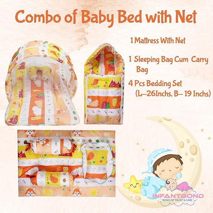 Infantbond Baby Mattress with net | Baby Carry Bag | 4 Pcs Bedding Set | Grey Sprial (0-6 Months) (Full Set)