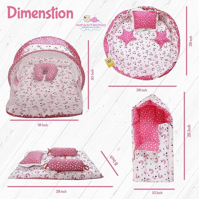 Infantbond Baby Mattress with net | Baby Carry Bag | 4 Pcs Bedding Set | Grey Sprial (0-6 Months) (Full Set)