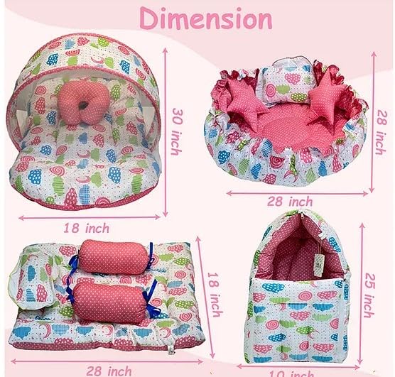 Infantbond Baby Mattress with net | Baby Carry Bag | 4 Pcs Bedding Set | Grey Sprial (0-6 Months) (Full Set)