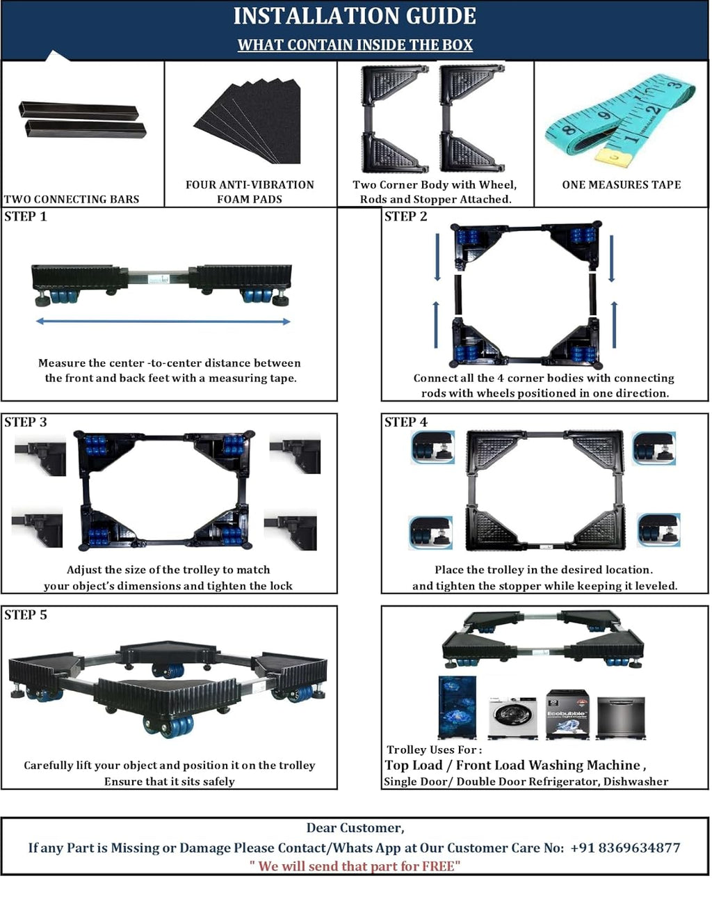 Premium Heavy Duty Adustustable 24 Wheel Stand/Trolley Suitable for Front/Top Load Washing Machine/Refrigerator/Dishwasher/Fridge Stand/Trolley,Capacity Upto 250 Kg,