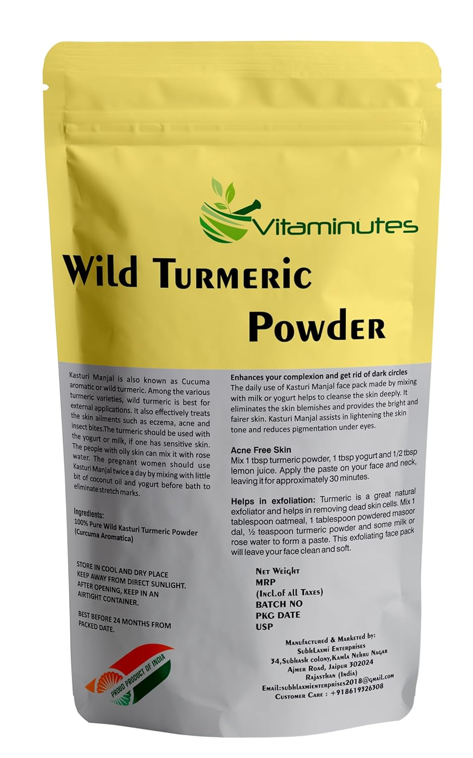 VITAMINUTES Bio Organic Wild Turmeric Powder For Skin And Face Care [Curcuma Aromatica/Jangli Haldi/Kasturi Manjal/Kasturi Haldi Powder] | Skin Whitening (100% Pure & Natural) (100 Gm)