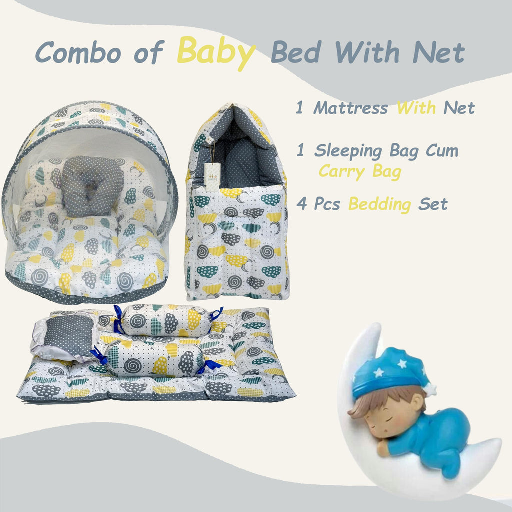 Infantbond Baby Mattress with net | Baby Carry Bag | 4 Pcs Bedding Set | Grey Sprial (0-6 Months) (Full Set)