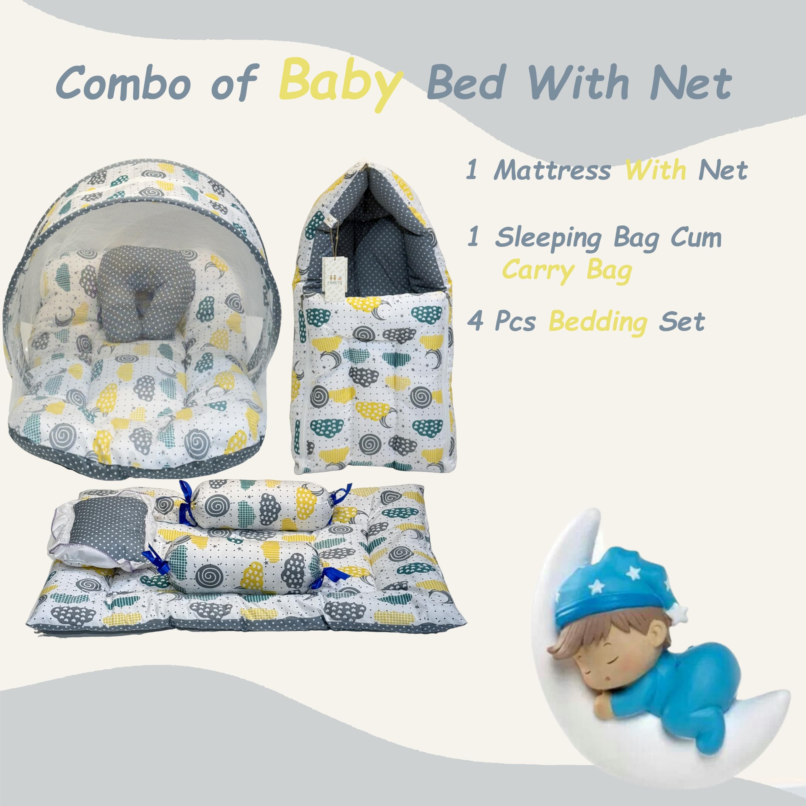 Infantbond Baby Mattress with net | Baby Carry Bag | 4 Pcs Bedding Set | Grey Sprial (0-6 Months) (Full Set)