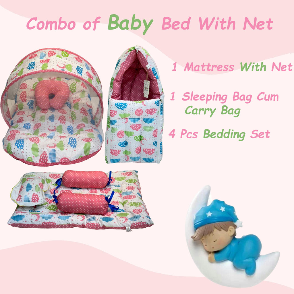 Infantbond Baby Mattress with net | Baby Carry Bag | 4 Pcs Bedding Set | Grey Sprial (0-6 Months) (Full Set)