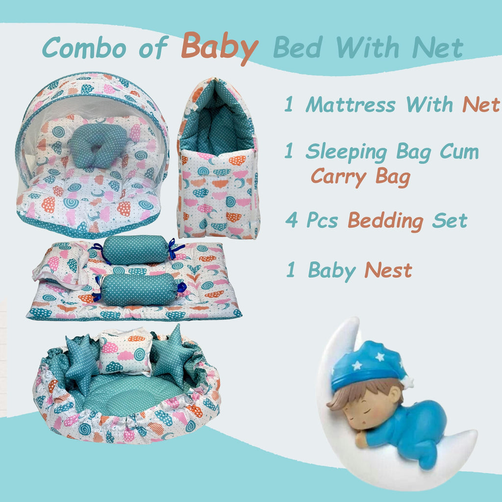 Infantbond Baby Mattress with net | Baby Carry Bag | 4 Pcs Bedding Set | Grey Sprial (0-6 Months) (Full Set)