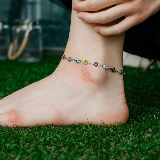 Silver Colourful Protection Greek Evil Eye Beaded Indian Nazaria Payal Anklet