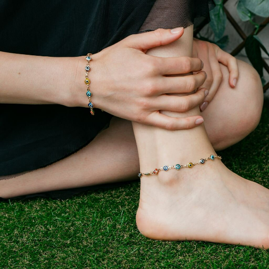 Silver Colourful Protection Greek Evil Eye Beaded Indian Nazaria Payal Anklet