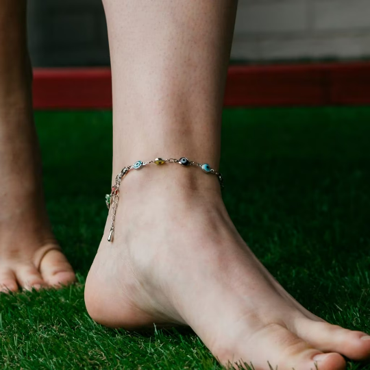 Silver Colourful Protection Greek Evil Eye Beaded Indian Nazaria Payal Anklet